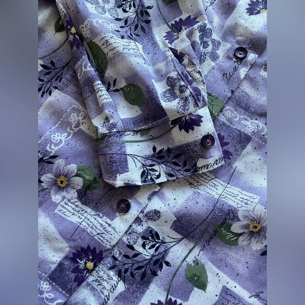 Vintage Tapestry Purple Garden Floral Button Up Roll Tab Shirt Women's Medium - Picture 7 of 7